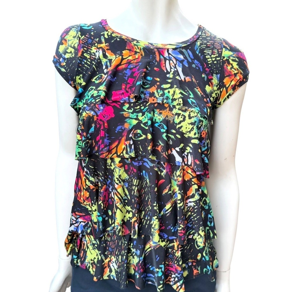 Margie Vibrant Ruffle Tiered Top Neon Animal Print Abstract Cap Sleeve Y2K XL
